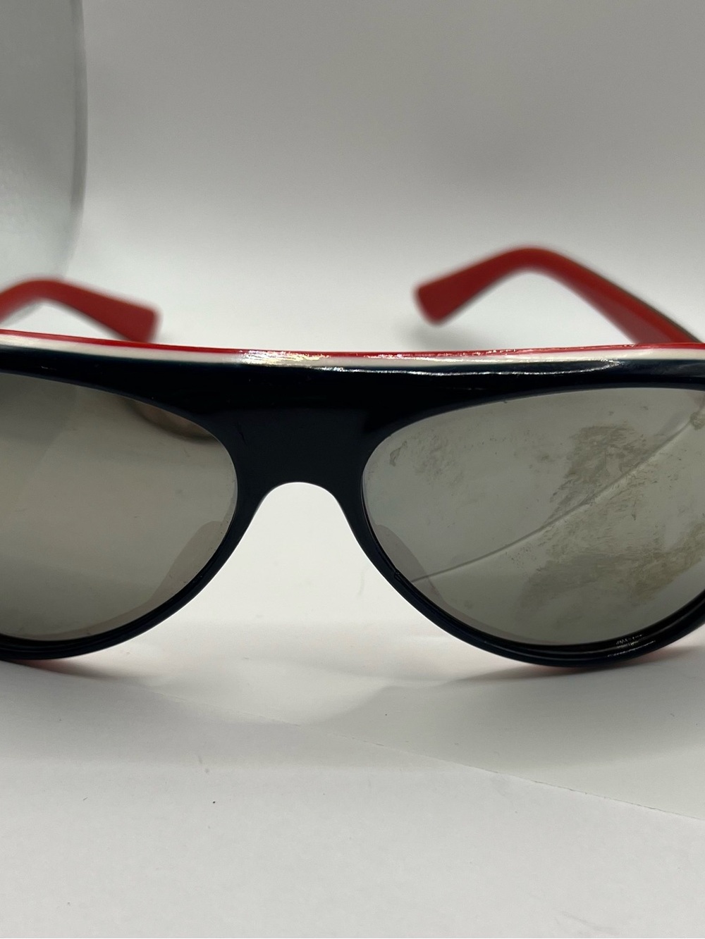 Navy Blue and Red Ski Sunglasses with Dark Lenses